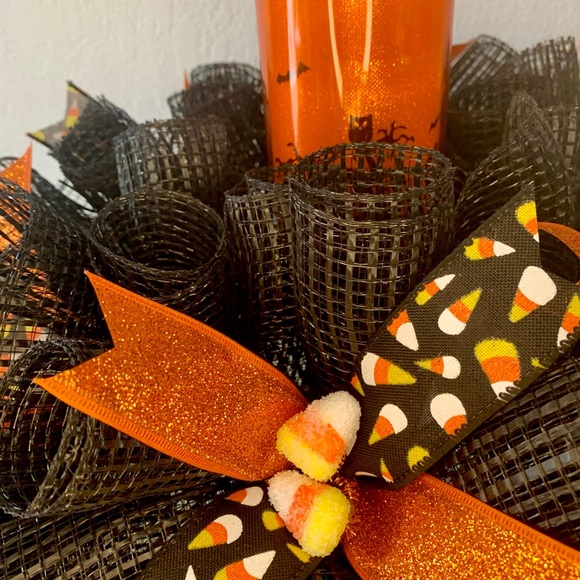 Deco mesh Halloween centerpiece, candy corn centerpiece,...